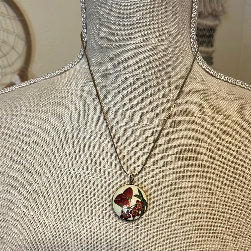 Vintage Cloisonné Butterfly Pendant Necklace with Gold Chain/ Cloisonné pendant